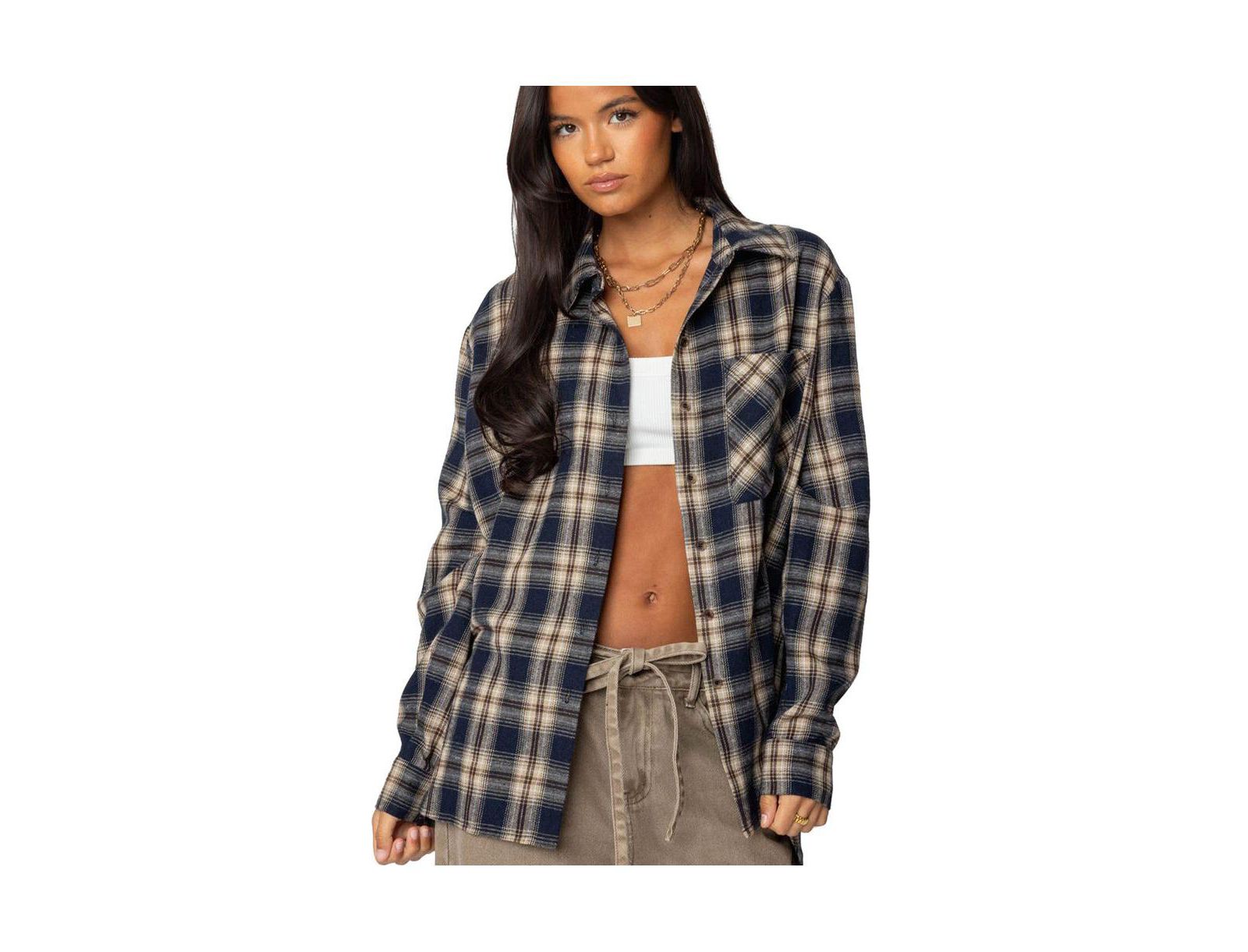 Edikted Womens Plaid Flannel Button Up Shirt