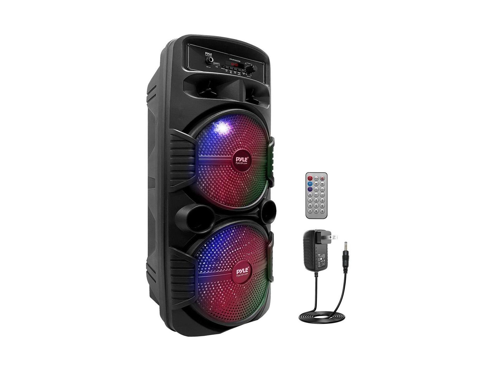Pyle Dual 8” Bluetooth Portable PA Speaker with Flashing Party Lights, MP3/USB/FM Radio & Rechargeable Battery