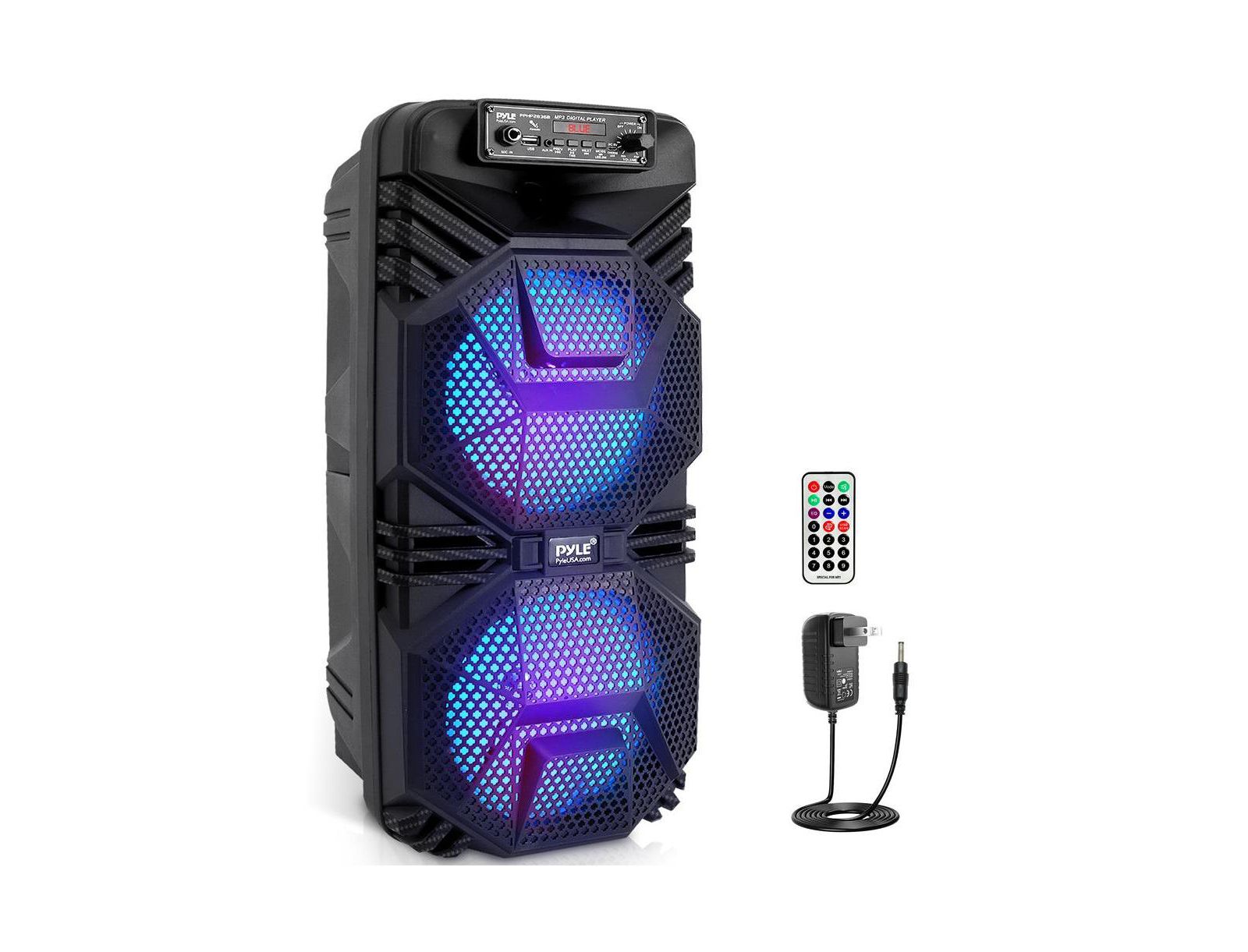 Pyle 600W rechargeable Bluetooth PA speaker with dual 8" woofers, 1" tweeter, mic input, party lights, USB, radio, remote control.