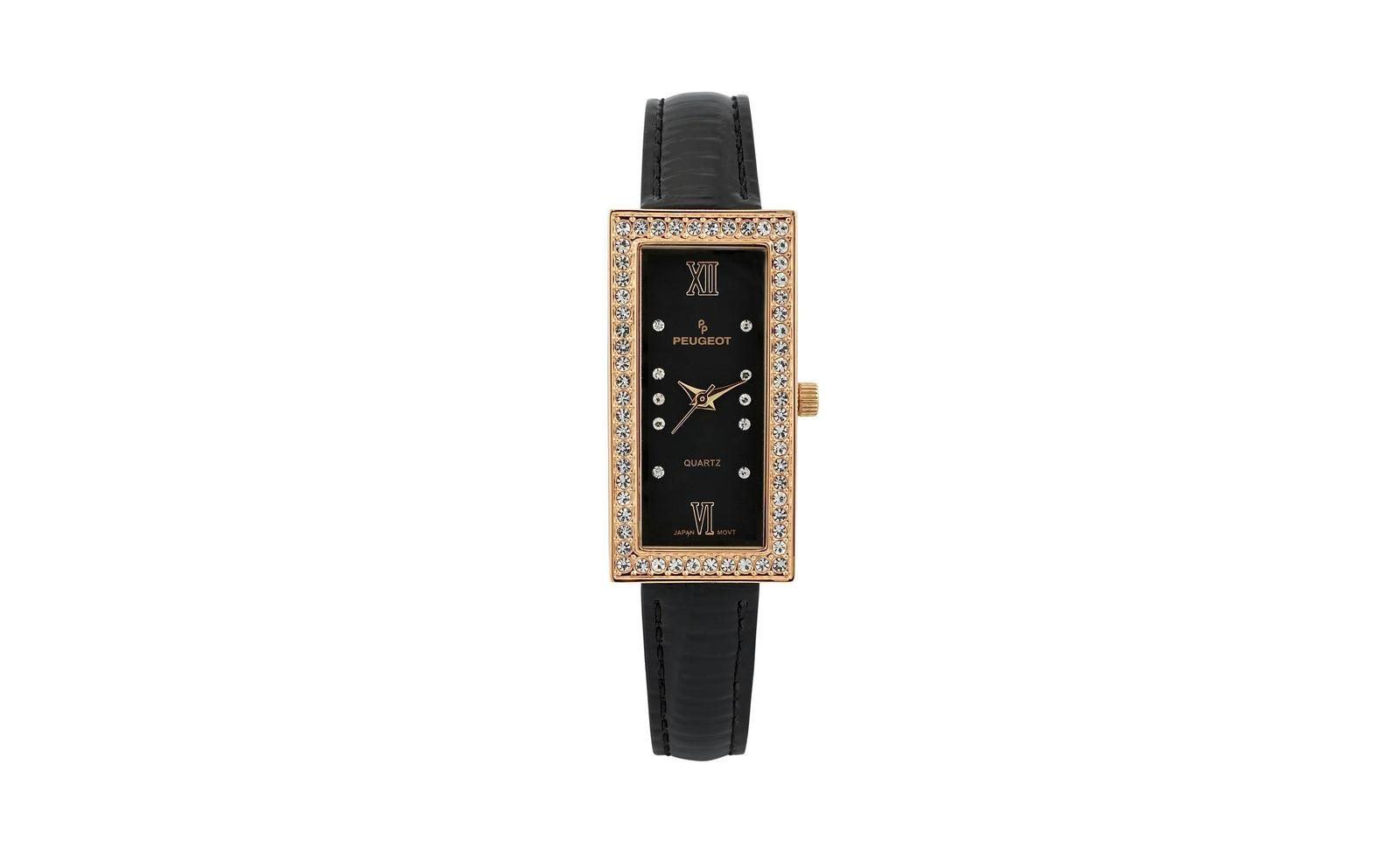 Peugeot Women's 35x20mm Crystal Bezel Watch with Glossy Black Leather Strap