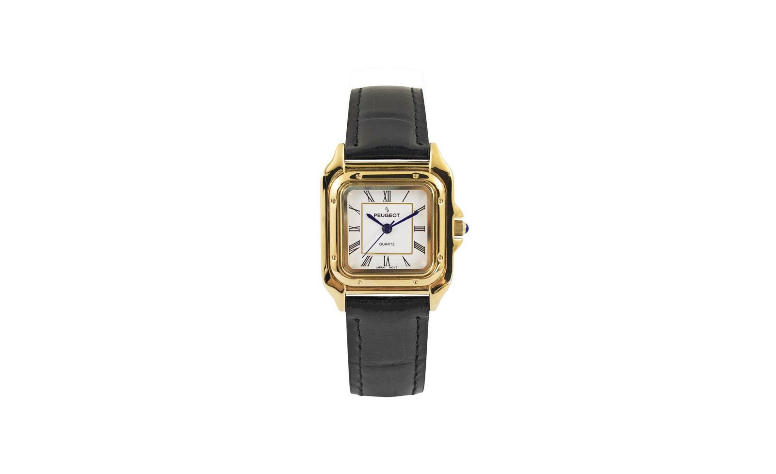Женские часы Peugeot 14K Gold-Plated 32mm Tank Shape Black Leather Strap