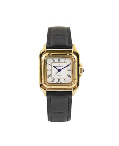 Женские часы Peugeot 14K Gold-Plated 32mm Tank Shape Black Leather Strap