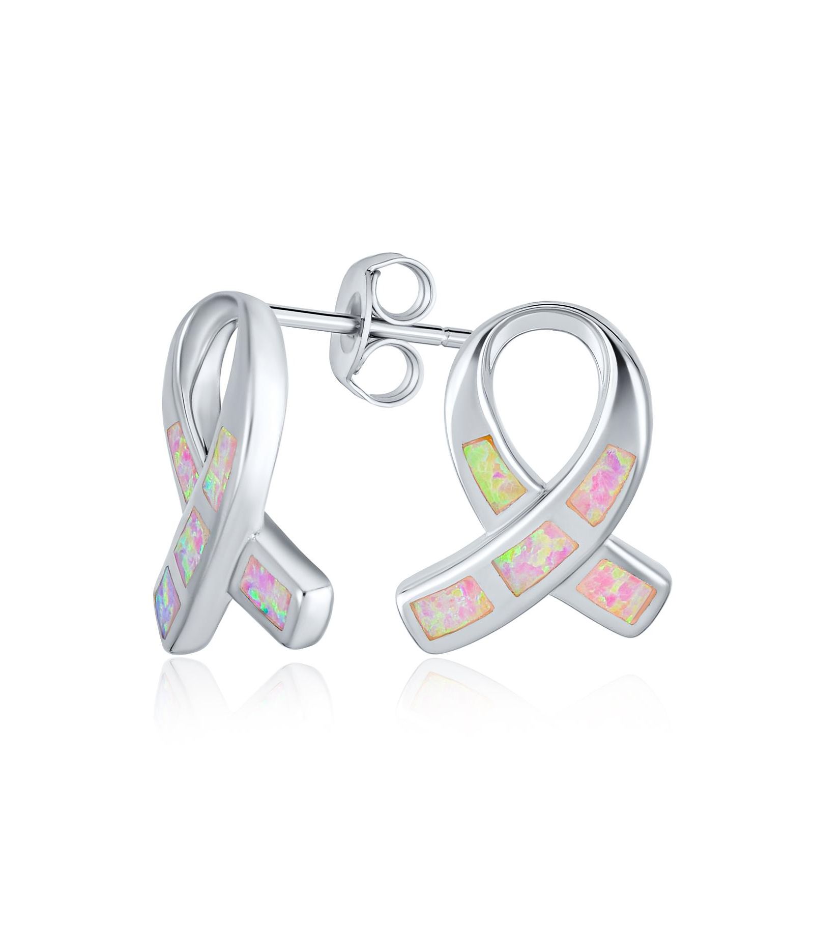 Серьги-гвоздики Bling Jewelry Sterling Silver с розовым опалом в форме ленты для поддержки борьбы с раком груди, октябрьский камень рождения