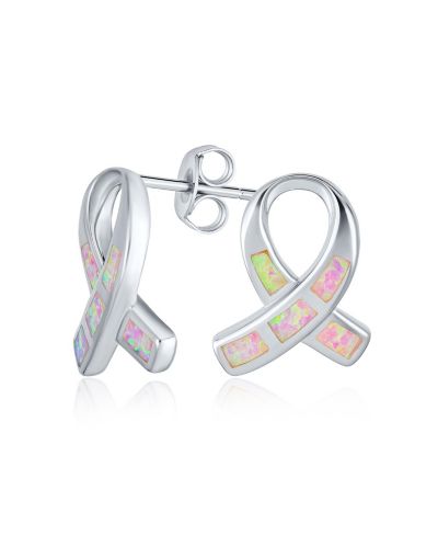 Серьги-гвоздики Bling Jewelry Sterling Silver с розовым опалом в форме ленты для поддержки борьбы с раком груди, октябрьский камень рождения