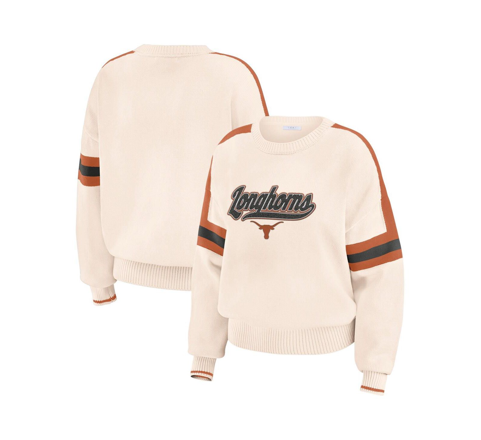 WEAR by Erin Andrews Women's Cream Texas Longhorns Chenille Woven Patch Stripe Pullover Sweater
