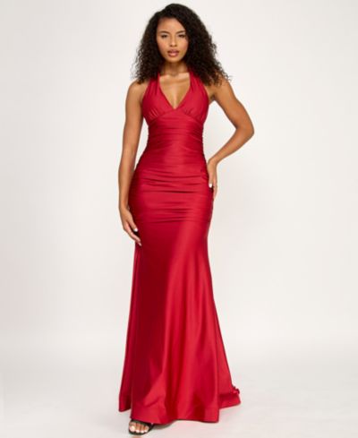 Emerald Sundae Juniors' Ruched Tie-Back Halter Gown