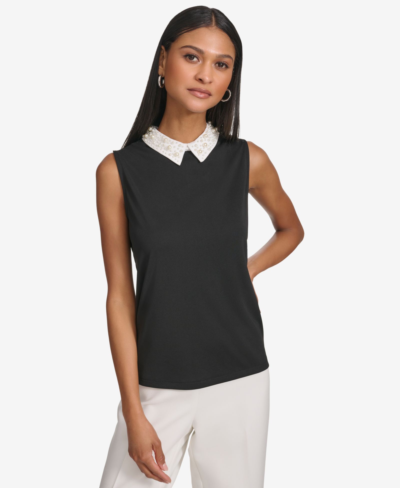 KARL LAGERFELD PARIS Women's Embellished Collar Sleeveless Blouse