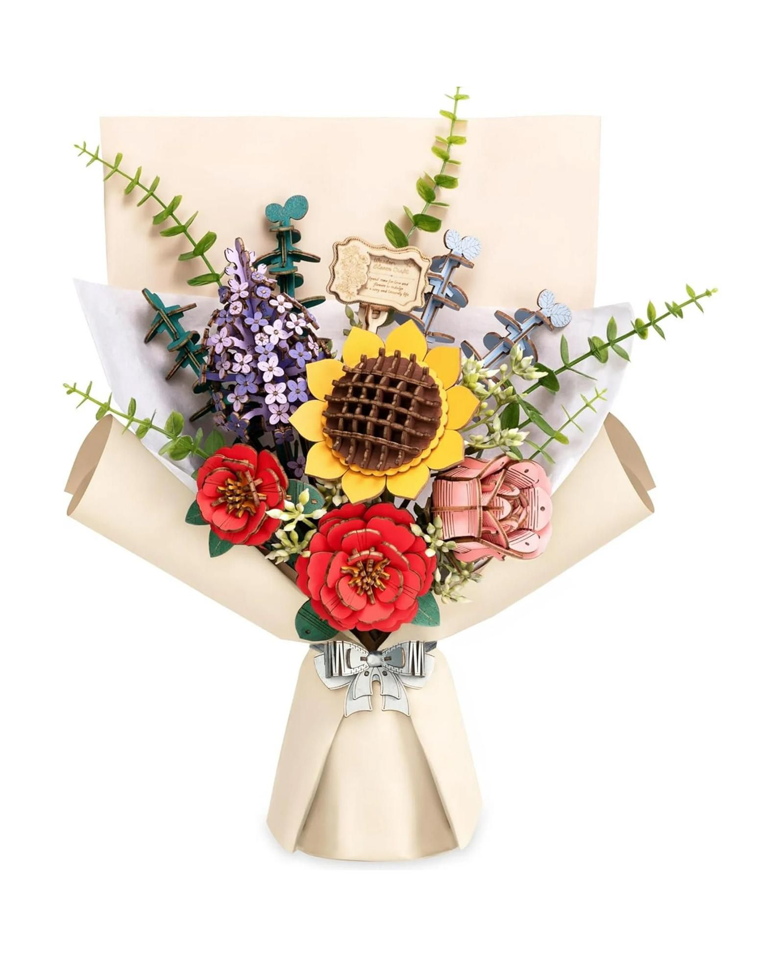 Robotime Flower Bouquet 3D Wooden Puzzle DIY Model Building Kits Toys, Multicolored, 10.2"5.1"17.3"