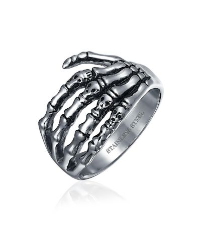 Bling Jewelry Goth Biker Skelton Hand Band Wrap Ring Silver Tone Oxidized Stainless Steel