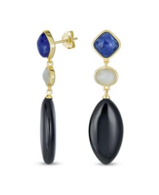 Bling Jewelry Blue Lapis Black Onyx Gemstone Teardrop Statement Earrings Gold Plated