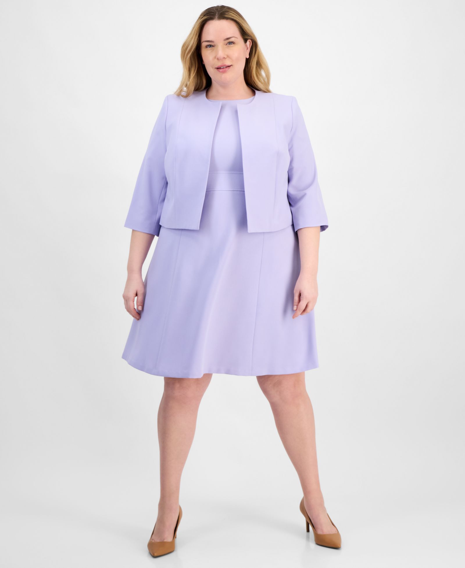 Le Suit Plus Size Collarless Open-Front Bolero & Scoop-Neck Sleeveless Fit & Flare 2 Piece Dress Suit