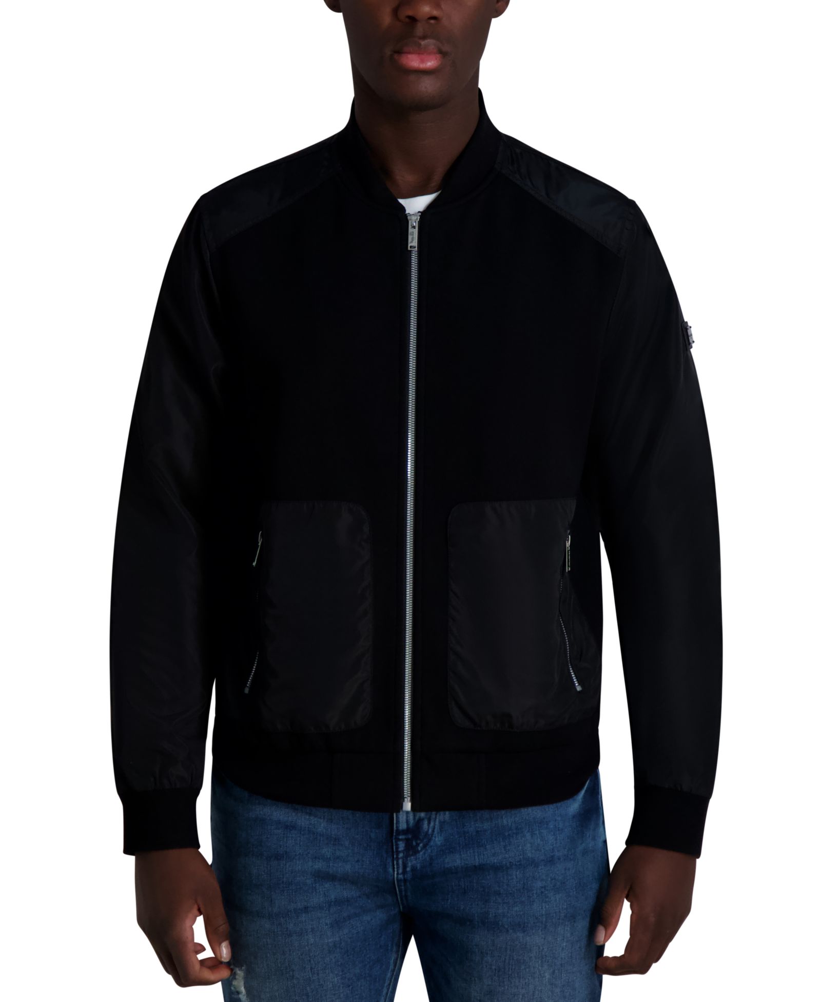 KARL LAGERFELD PARIS Men's Relaxed Fit Zip-Front Mixed-Media Bomber Jacket