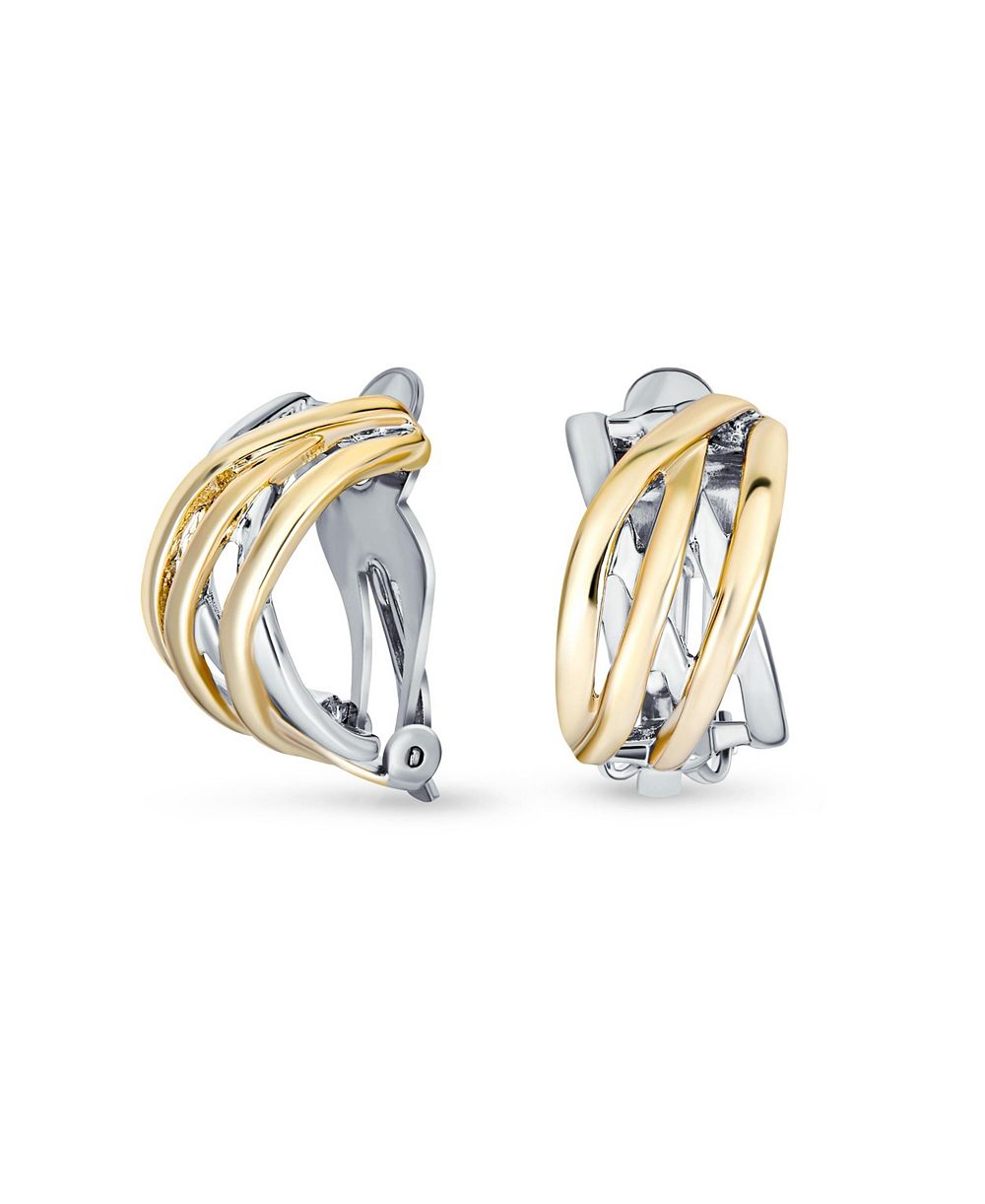 Bling Jewelry Two Tone Basket Weave Wide Criss Cross Clip On Earrings Silver Gold Plated