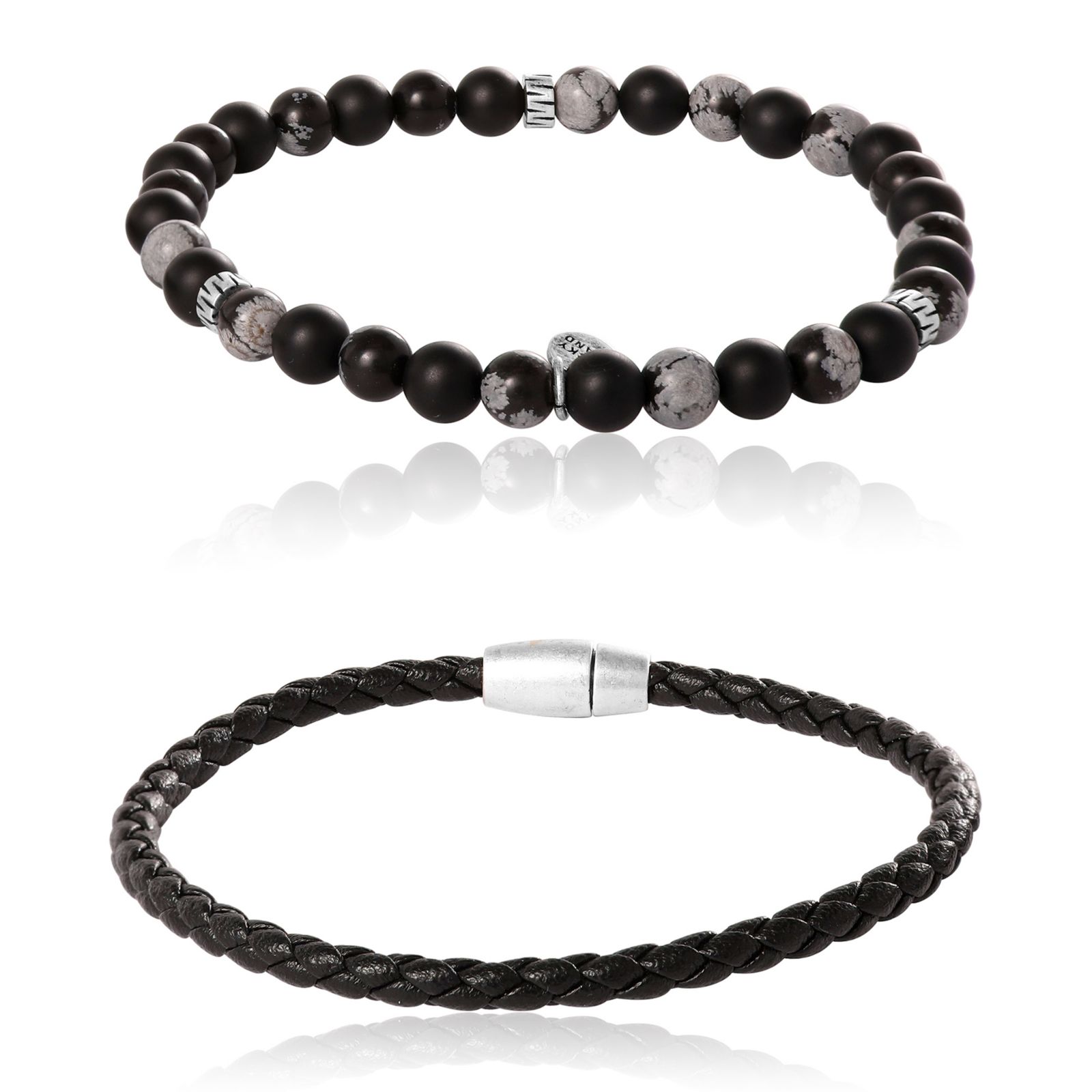 Lucky Brand Matte Black Onyx, Snowflake Obsidian Stretch Bead and Magnetic Cord Bracelet Set - 2 Piece