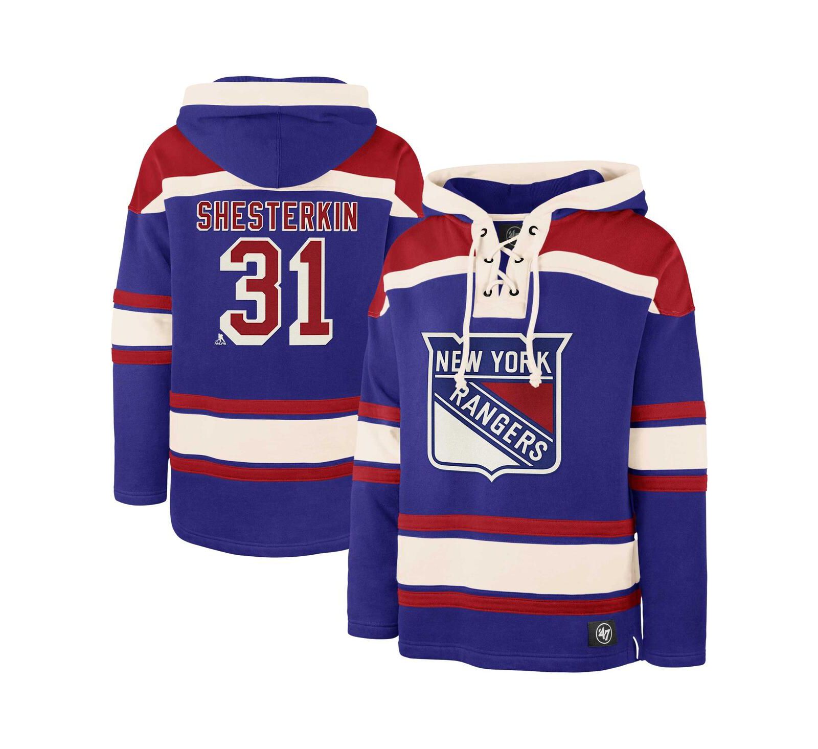 47 Brand Men's Igor Shesterkin Blue New York Rangers Player Name & Number Lacer Pullover Hoodie