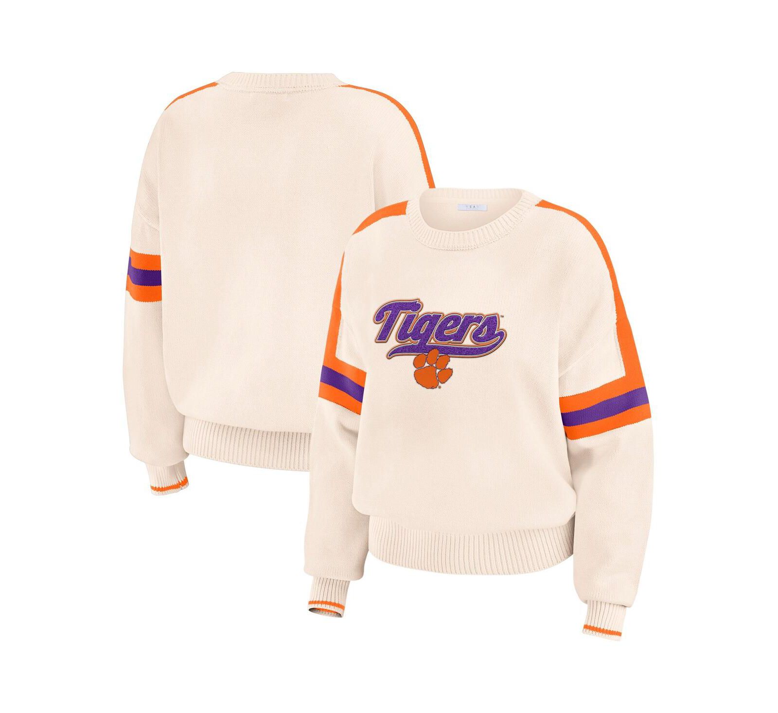 Женский джемпер WEAR by Erin Andrews Cream Clemson Tigers Chenille Woven Patch Stripe Pullover Sweater