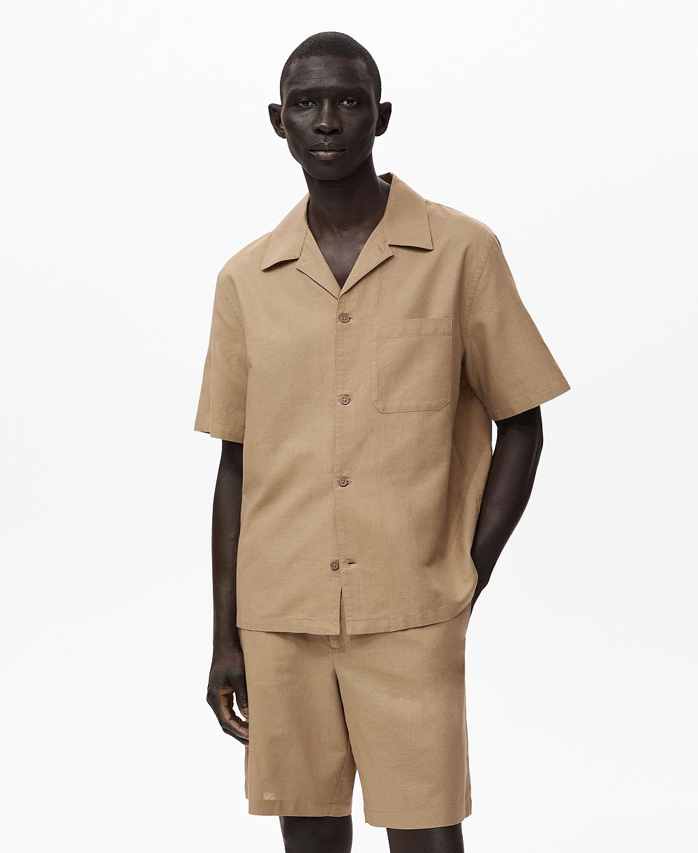 Mango Men's Bowling Collar and Pocket Linen Shirt