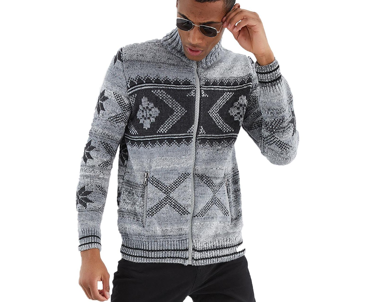Leif Nelson Men's Men s Knit Jacket with Zipper, Norwegian Pattern