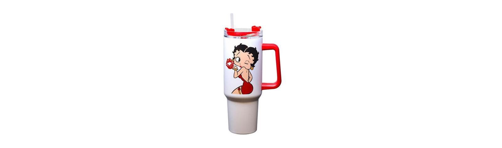 Spoontiques Betty Boop Stainless Steel Double Wall Travel Mug with Straw and Handle, 40 oz