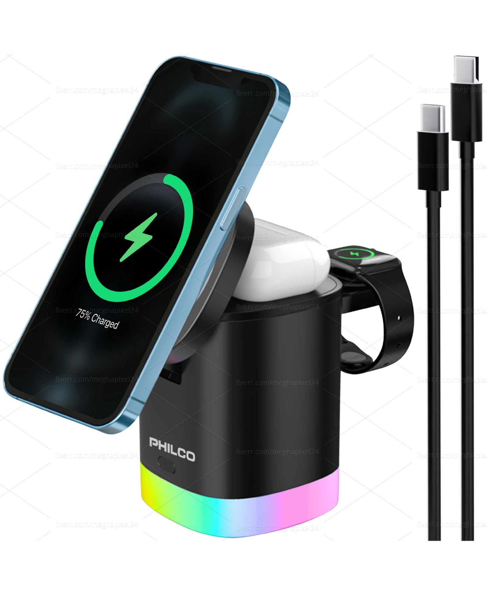 Philco 15W MagSafe 3-in-1 Foldable Wireless Charging Station Compatible with iPhone 16, 15, 14, 13, 12, 11, Apple Watch and AirPods
