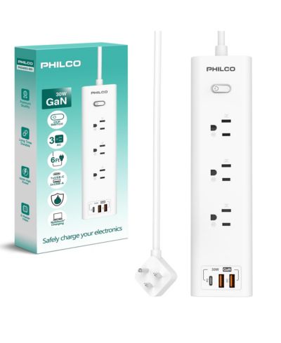 Розетка PHILCO 30W, 1.8 Meter AC Plug, 1 USB-C, 2 USB-A, OCP Switch, 110-220V, Safe and Durable for Home