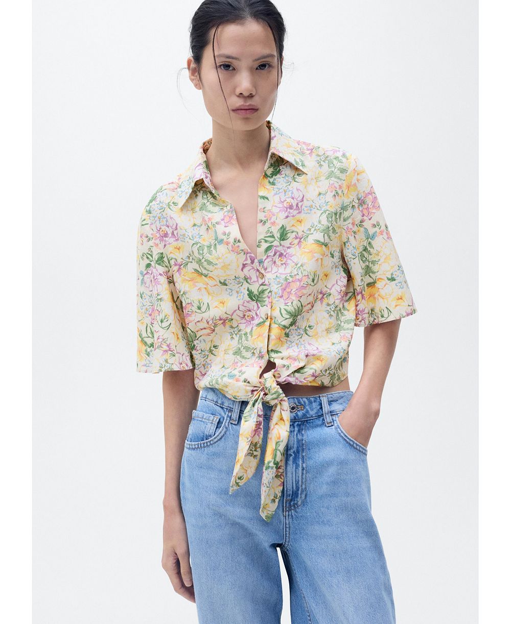 Mango Women's Knotted Floral Linen Shirt