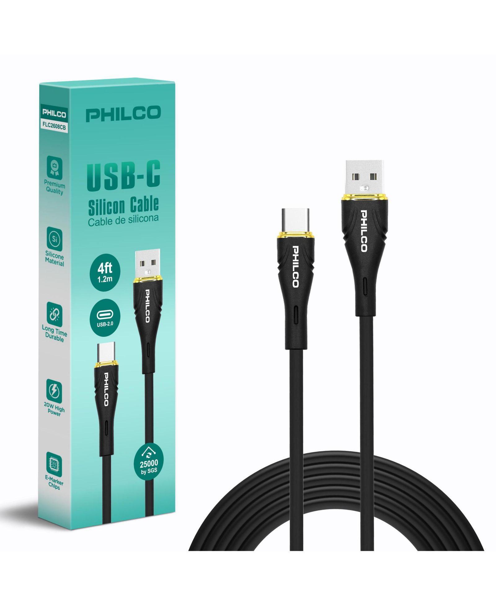 PHILCO кабель USB A на Type C, силиконовый, 4ft, 20W быстрая зарядка, высокоскоростная передача данных, совместимый с USB-C устройствами, не путается