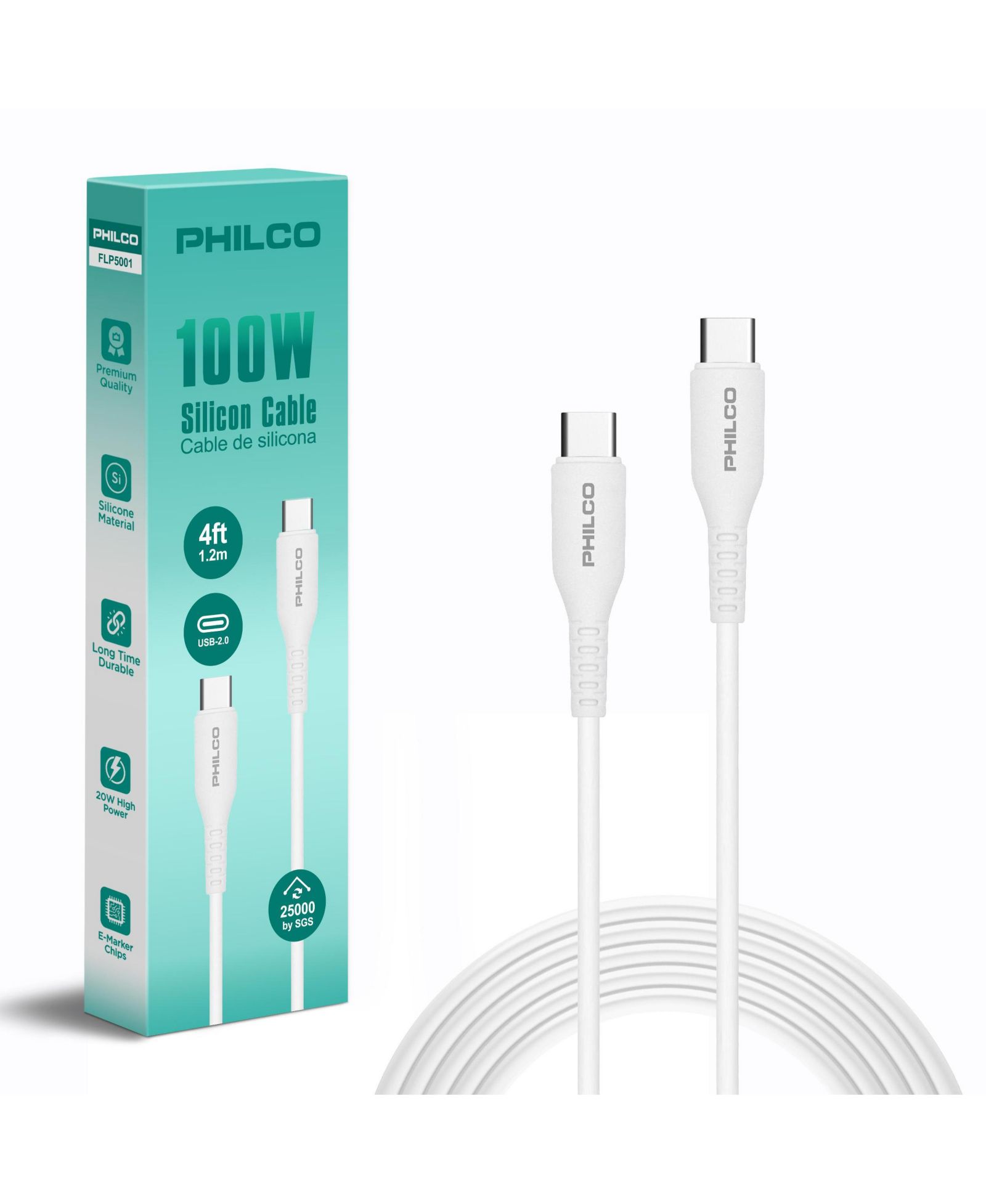 Кабель PHILCO USB C to C, Silicone, 4Ft, 100W Fast Charging, High-Speed Data Transfer