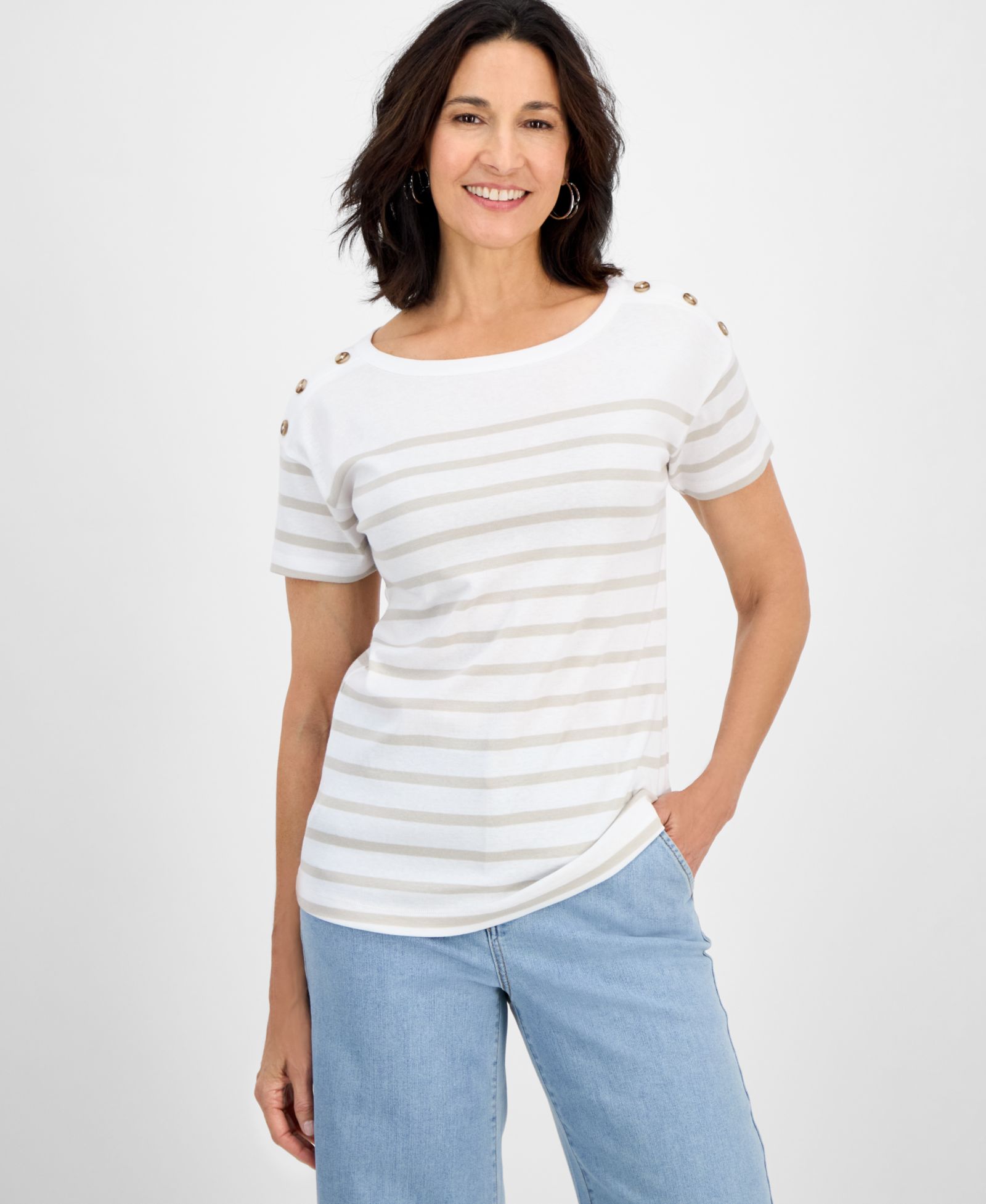 Style & Co Petite Cotton Button-Shoulder Tee, Exclusively at Macy's