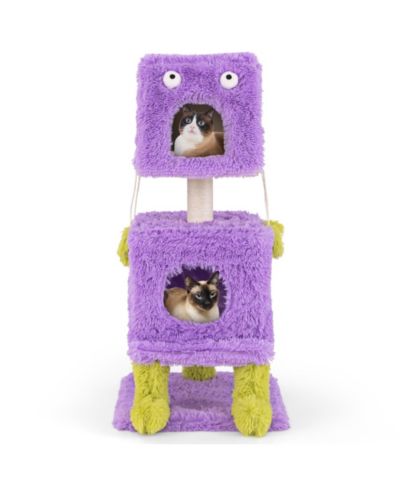 Gymax Cat Tree Cute Monster-Themed Cat Tower w/ 2 Private Condos and Soft Long Plush