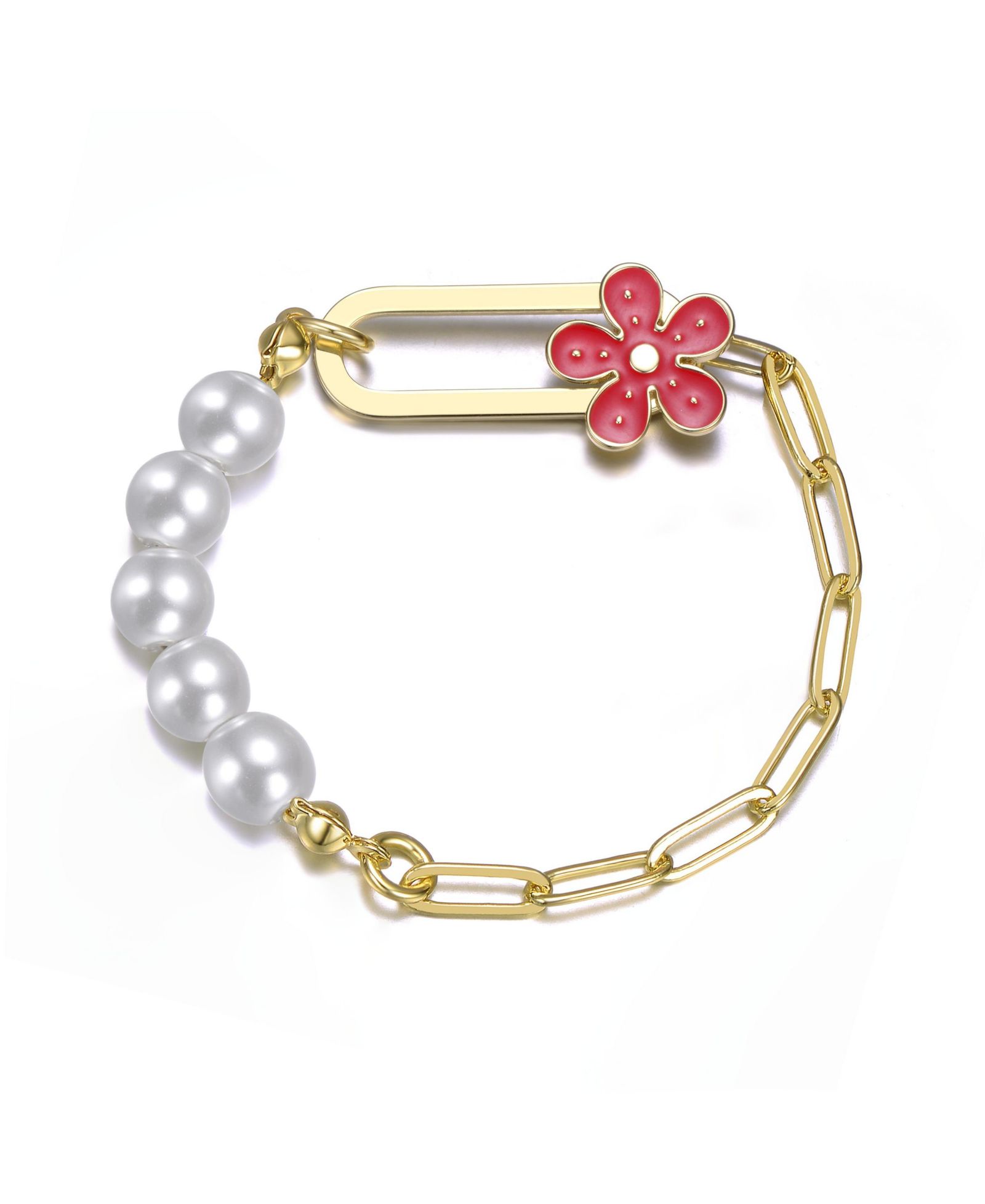 GiGiGirl 14K Gold Plated Pearls and Flower Enamel Toggle Clasp Bracelet