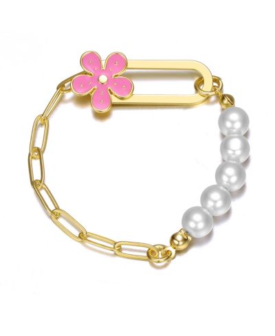 GiGiGirl 14K Gold Plated Pearls and Flower Enamel Toggle Clasp Bracelet