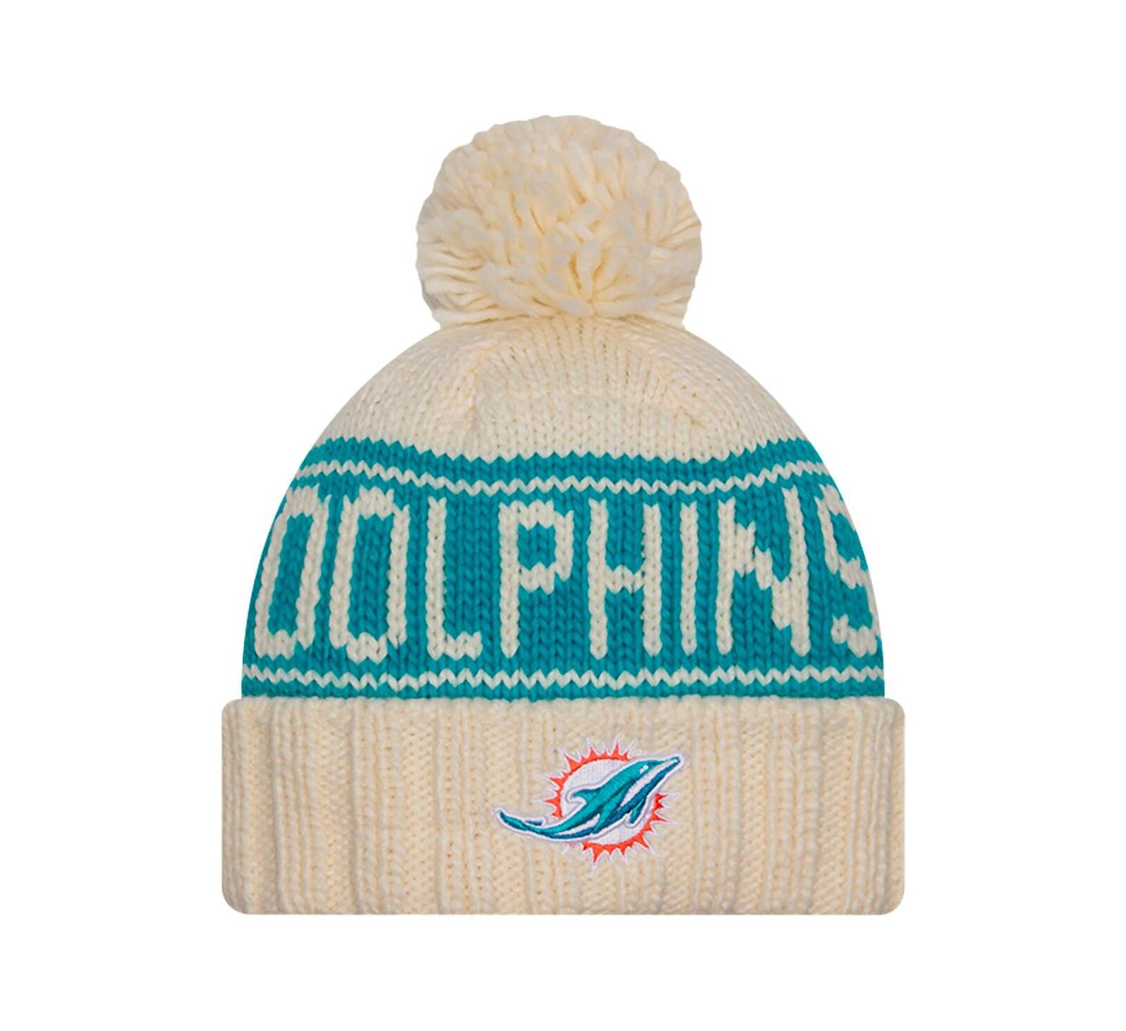 New Era Women's Cream Miami Dolphins 2024 Sideline Cuffed Knit Hat with Pom