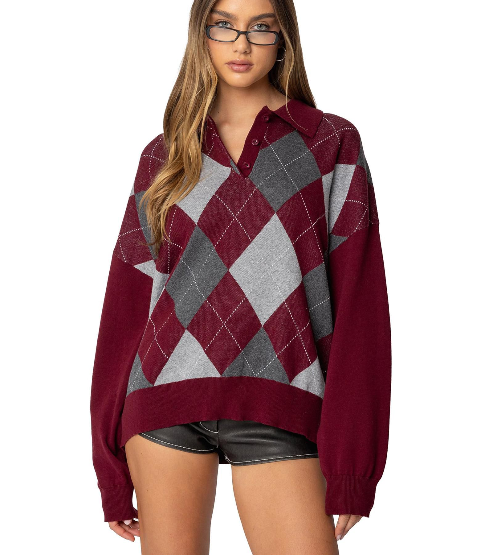 Edikted Women's Argyle Oversized Polo Sweater
