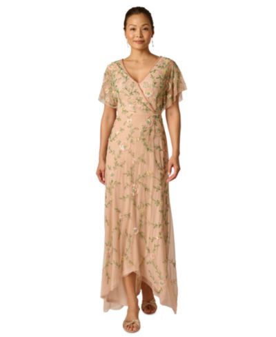 Adrianna Papell Women's Bead Flutter-Sleeve Midi Mesh Dress