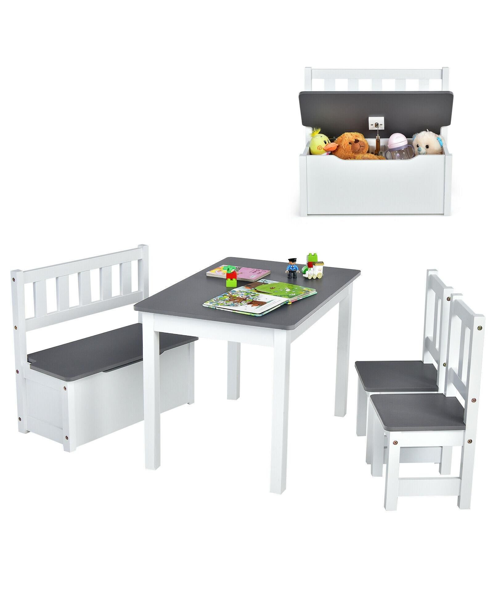 GOUUN 4 Pieces Kids Wooden Activity Table and Chairs Set with Storage Bench and Study Desk