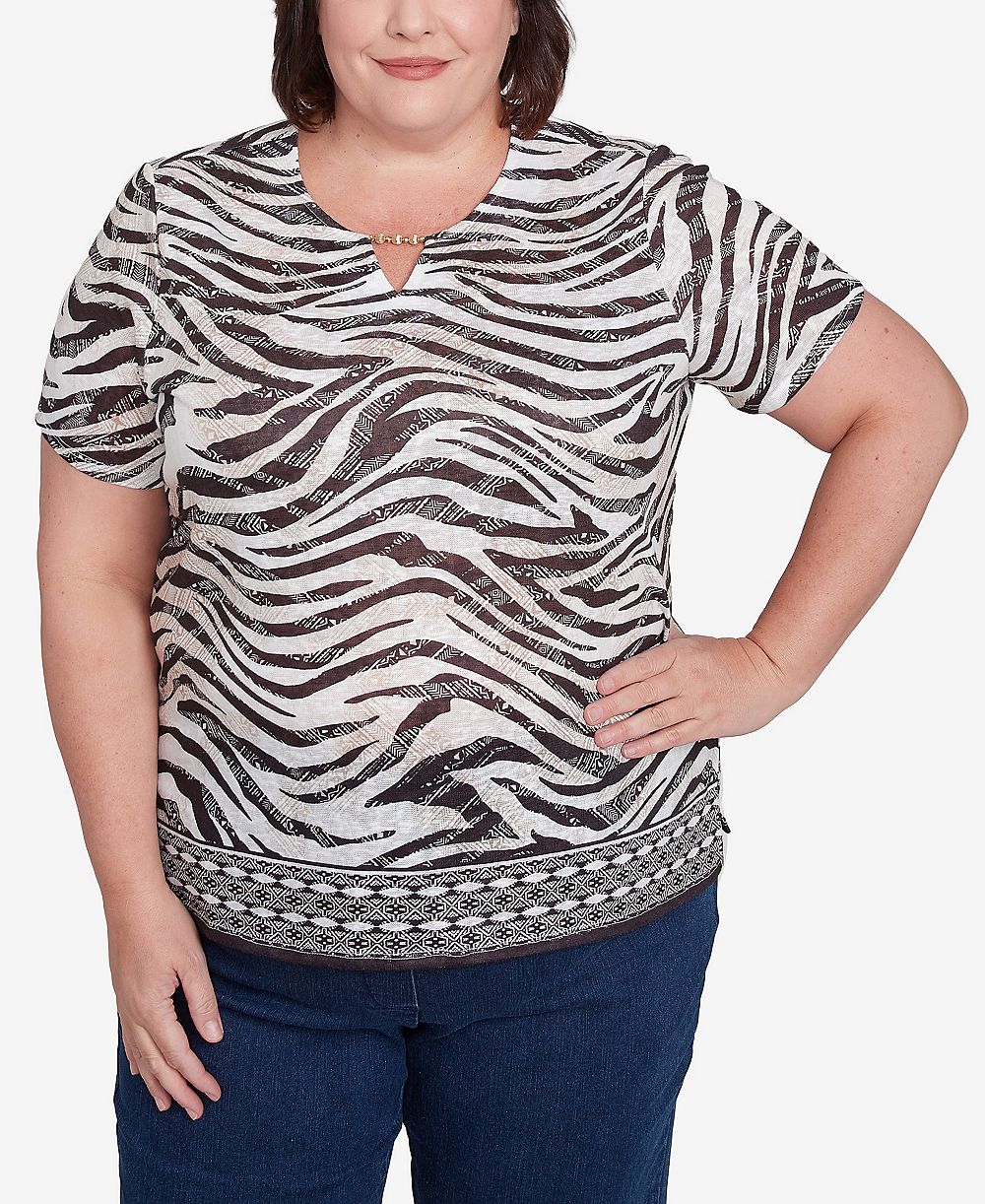 Женский топ Alfred Dunner Plus Size Beaded Split Neck Animal Print