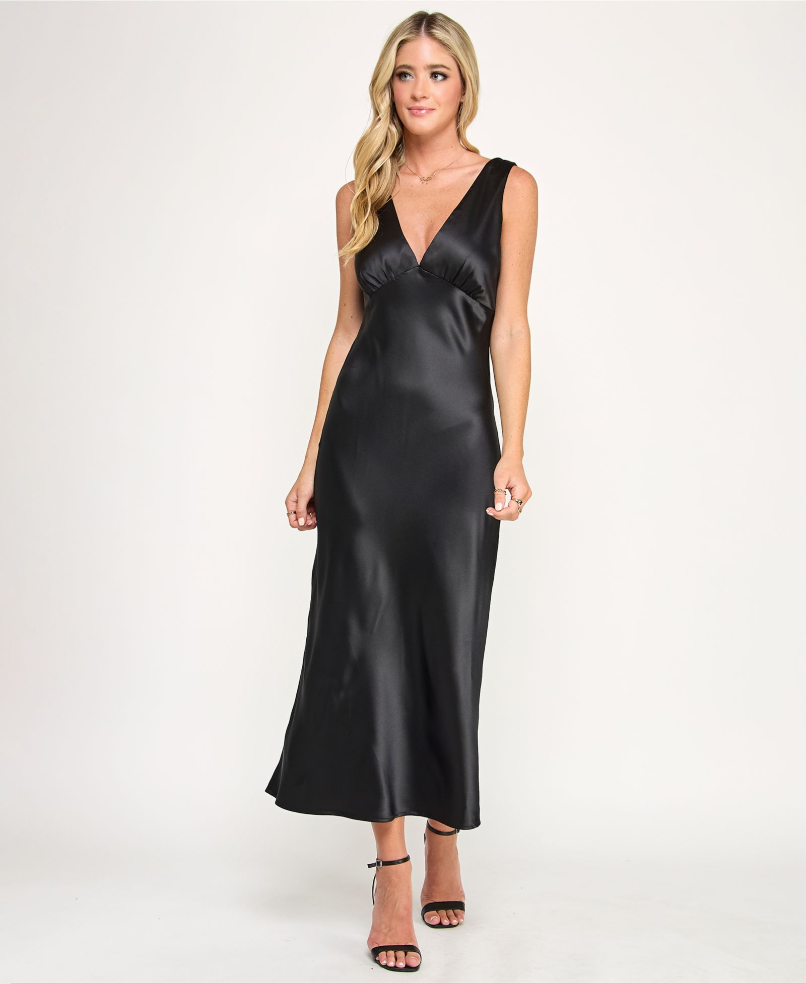 Emerald Sundae Juniors' V-Neck A-Line Satin Dress