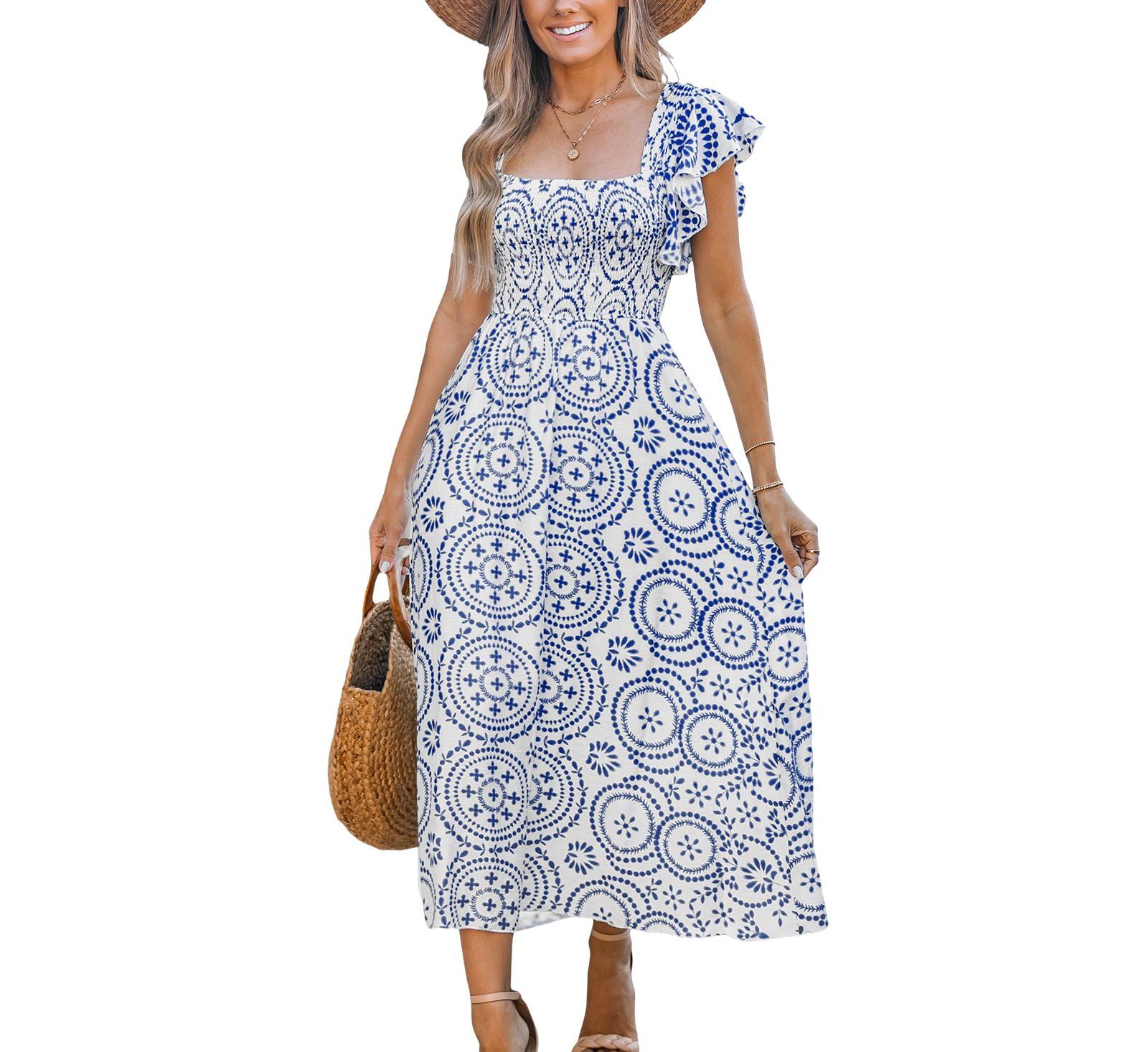 Женское пляжное платье Cupshe Blue Ornate Square Neck Midi Beach Dress