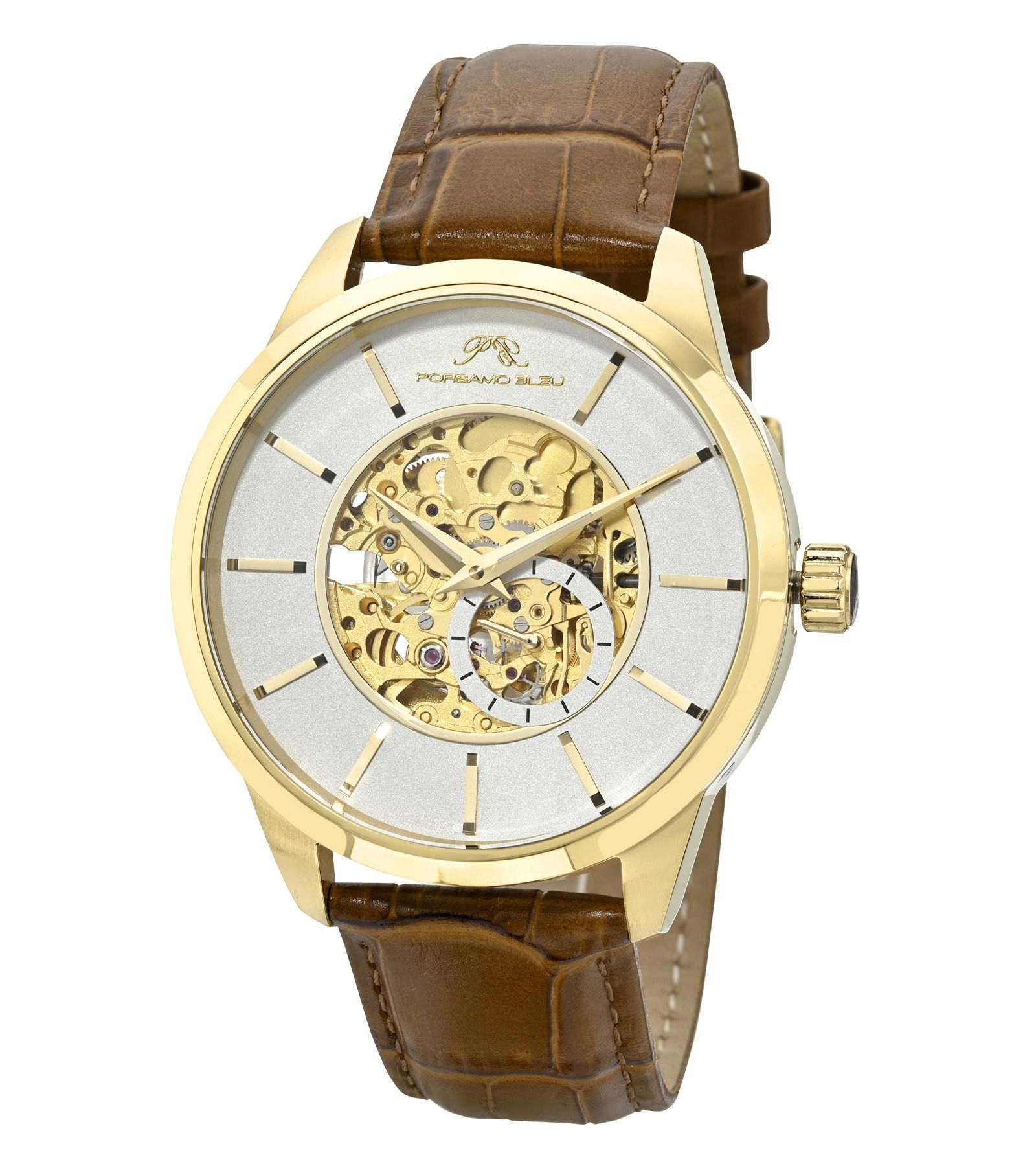 Porsamo Bleu Men's Cassius Automatic Brown Genuine Leather Band Watch 45 mm