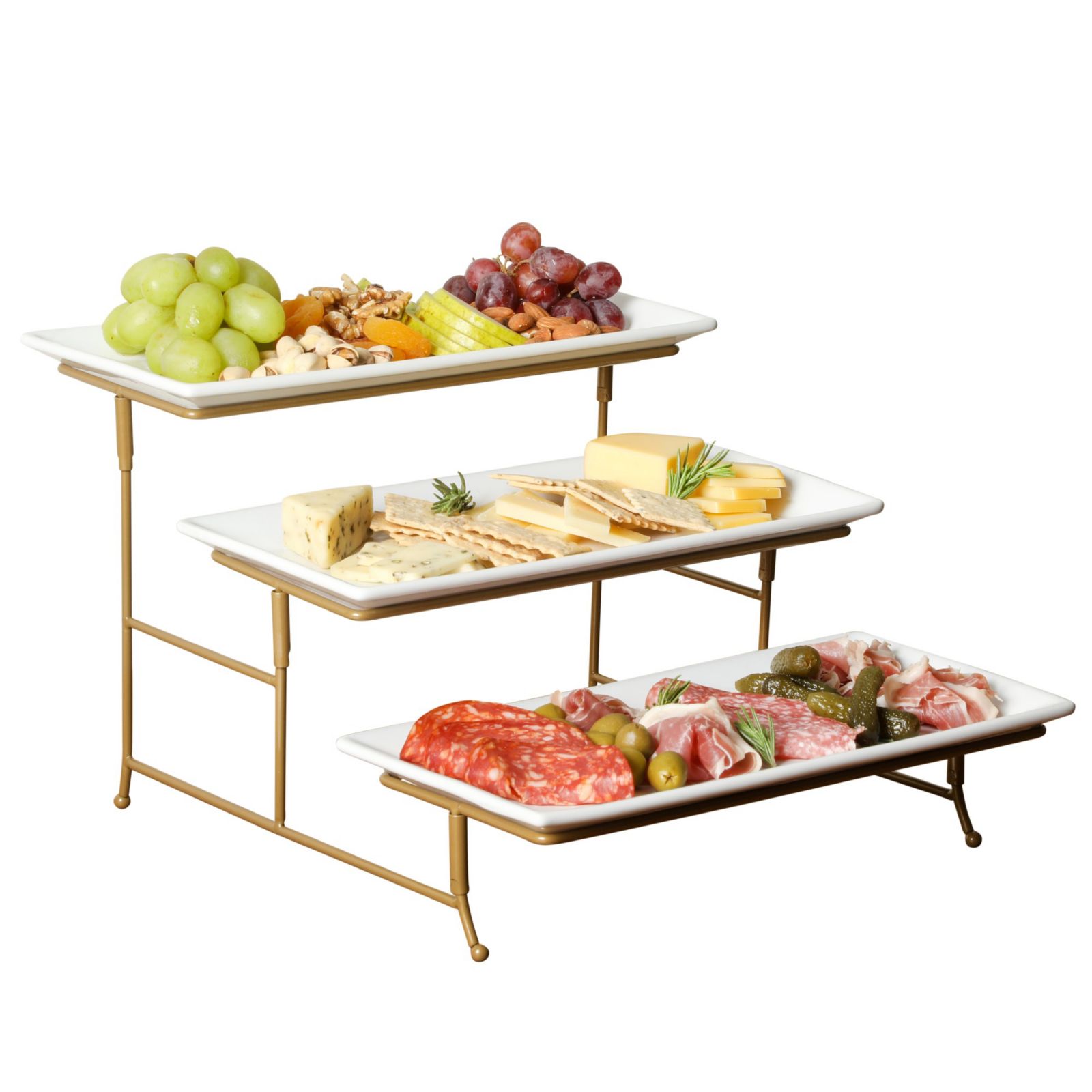 Набор сервировочных тарелок Gibson Home Gracious Dining, 3-Tier Rectangle с золотистой металлической подставкой, White