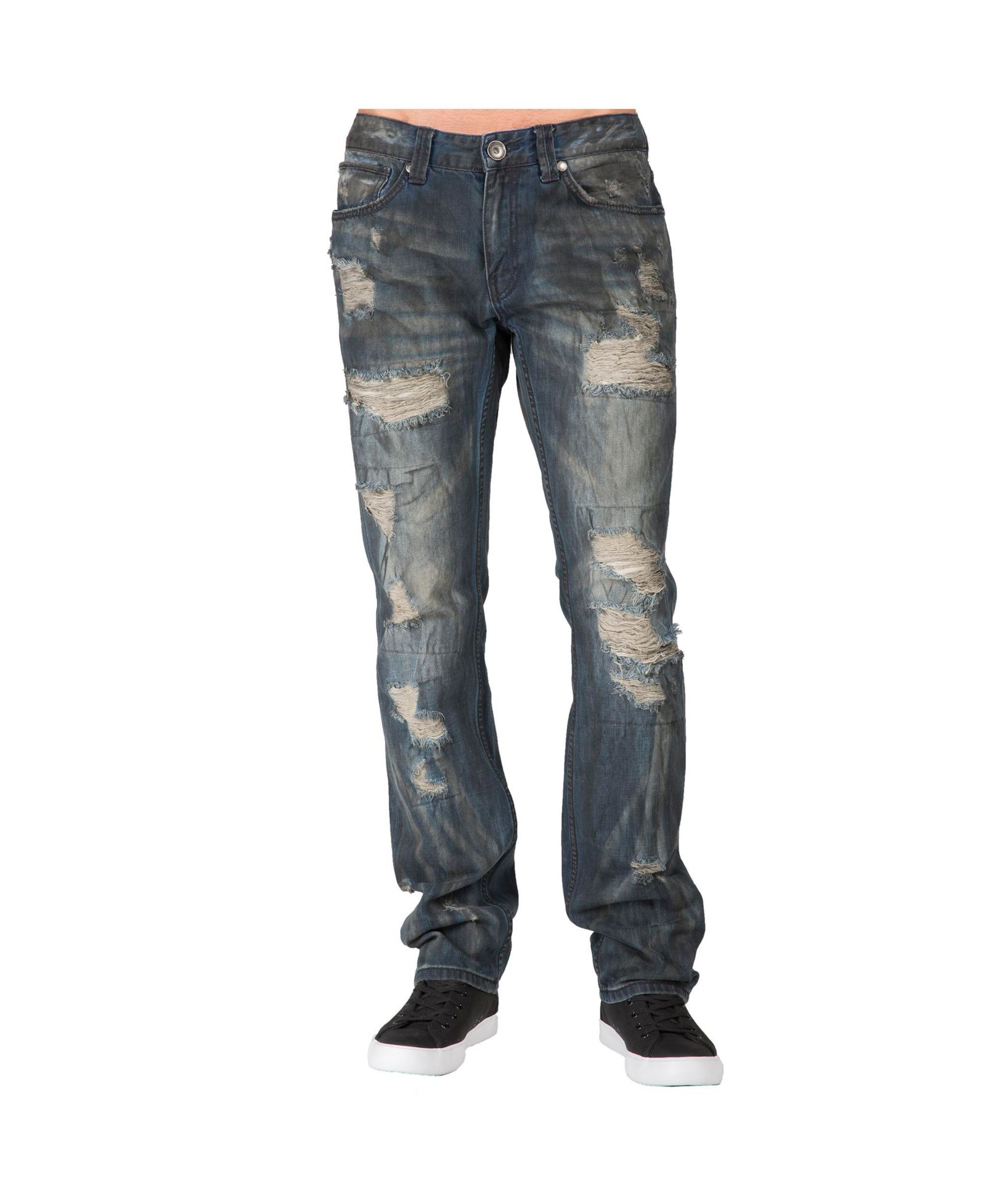 Level 7 Men's Dark Tint Destroyed and Mended Slim Straight Premium Jeans