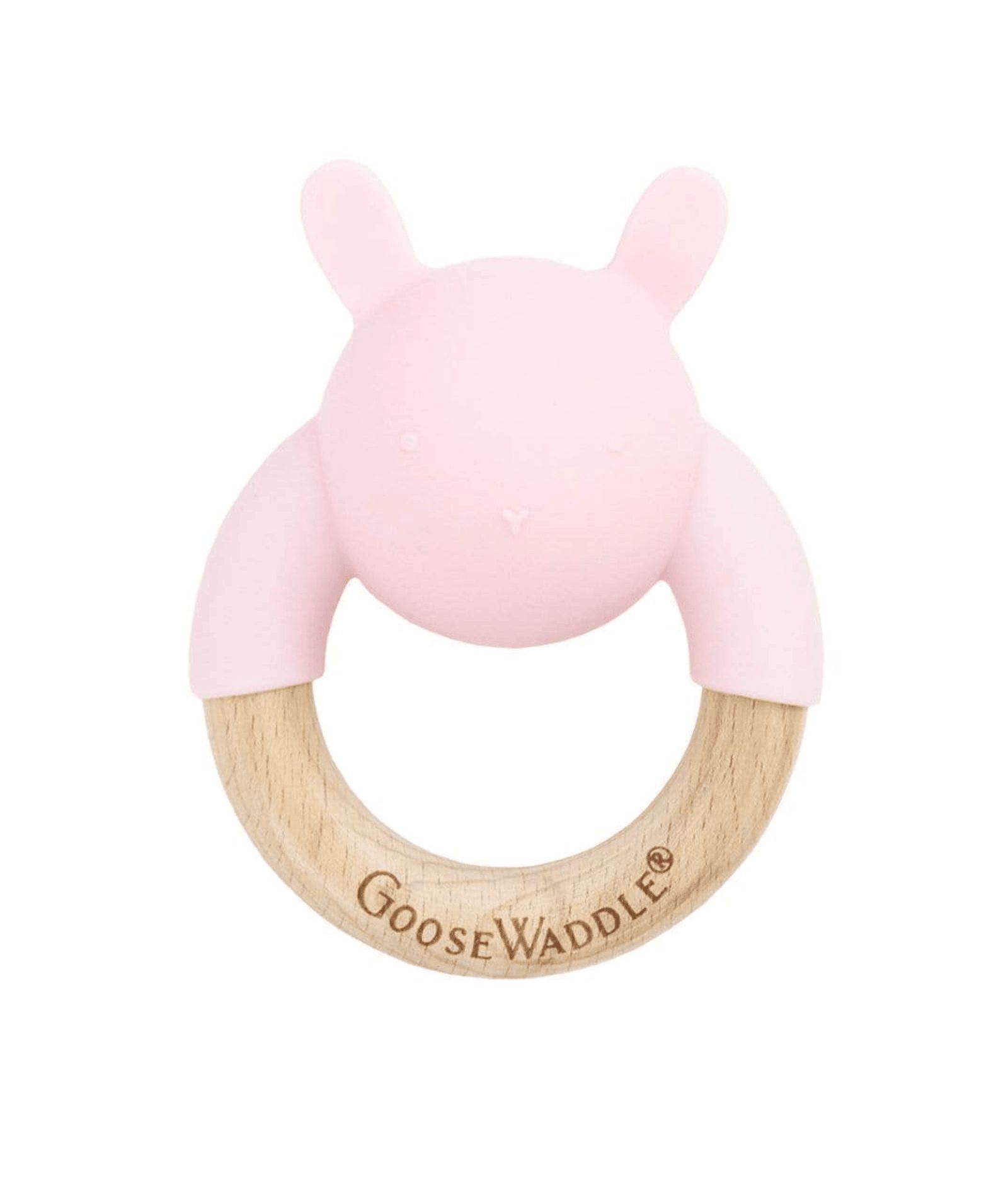 GooseWaddle Wooden & Silicone Rattle Teether Pink Bunny