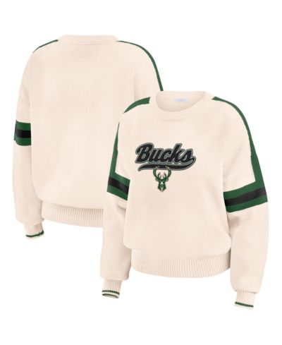 WEAR by Erin Andrews Women's Cream Milwaukee Bucks Stripe Pullover Sweater