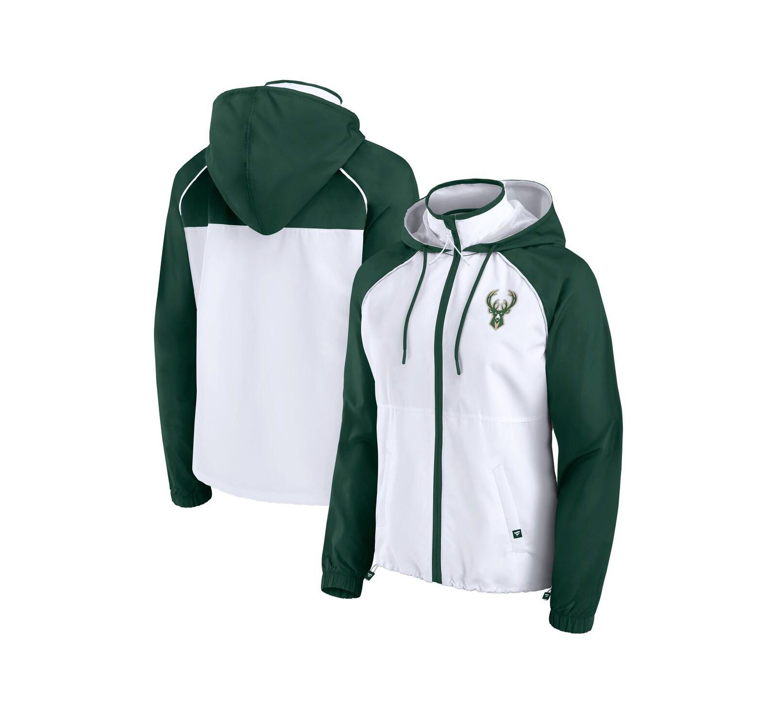 Женская толстовка-худи Fanatics White/Hunter Green Milwaukee Bucks Anorak Raglan Full-Zip