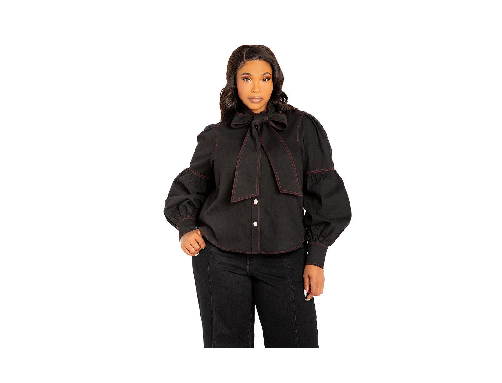 Женская джинсовая блузка Buxom Couture Plus Size с воротником-бантом и пышными рукавами