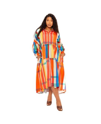 Buxom Couture Women's Plus Size Plaid Puff Sleeve Tiered Shirt Dress