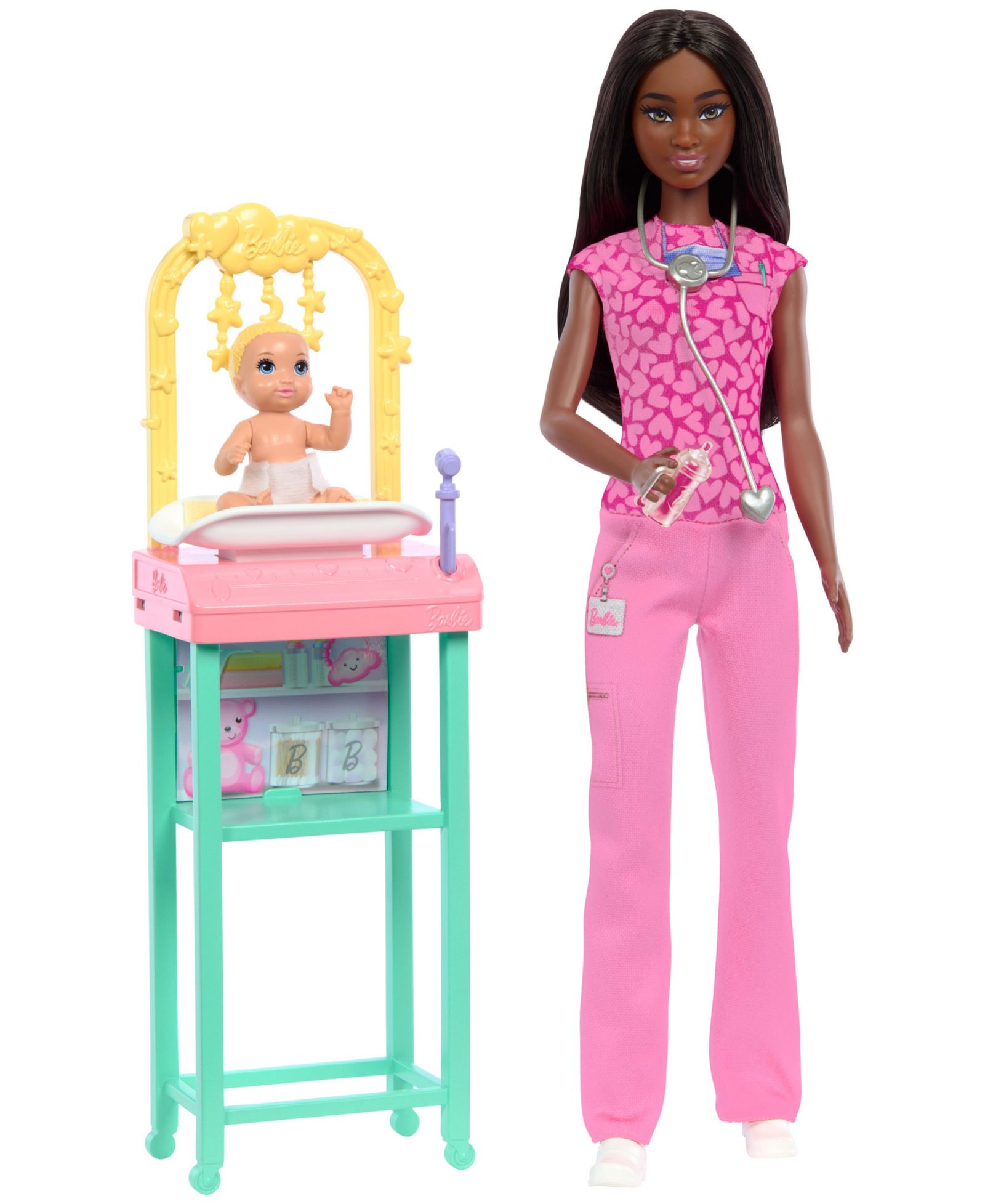 Barbie Baby Doctor кукла с коричневыми волосами, 1 кукла, мебель и аксессуары