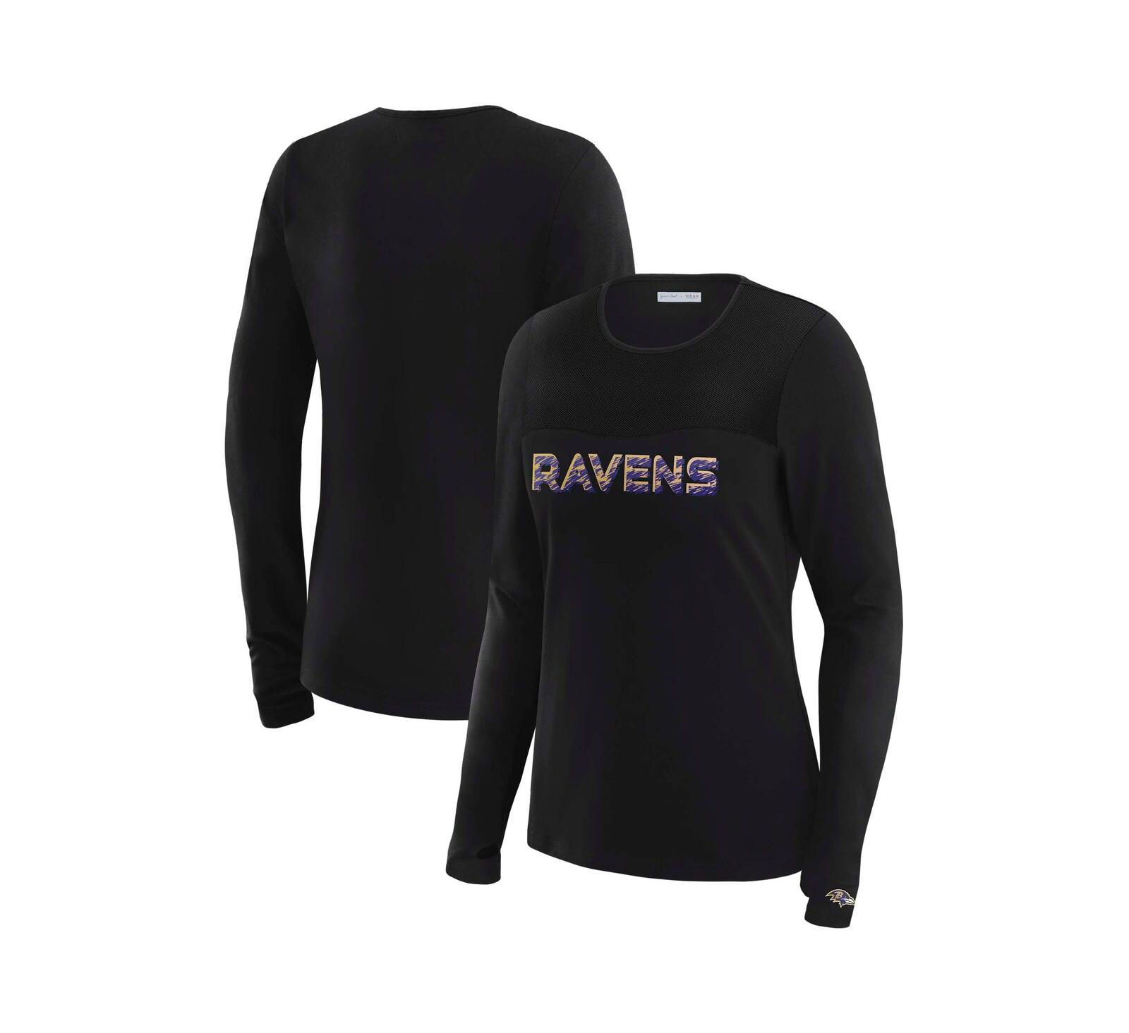 Женская футболка WEAR by Erin Andrews x Gracie Hunt Black Baltimore Ravens Mesh Panel Long Sleeve
