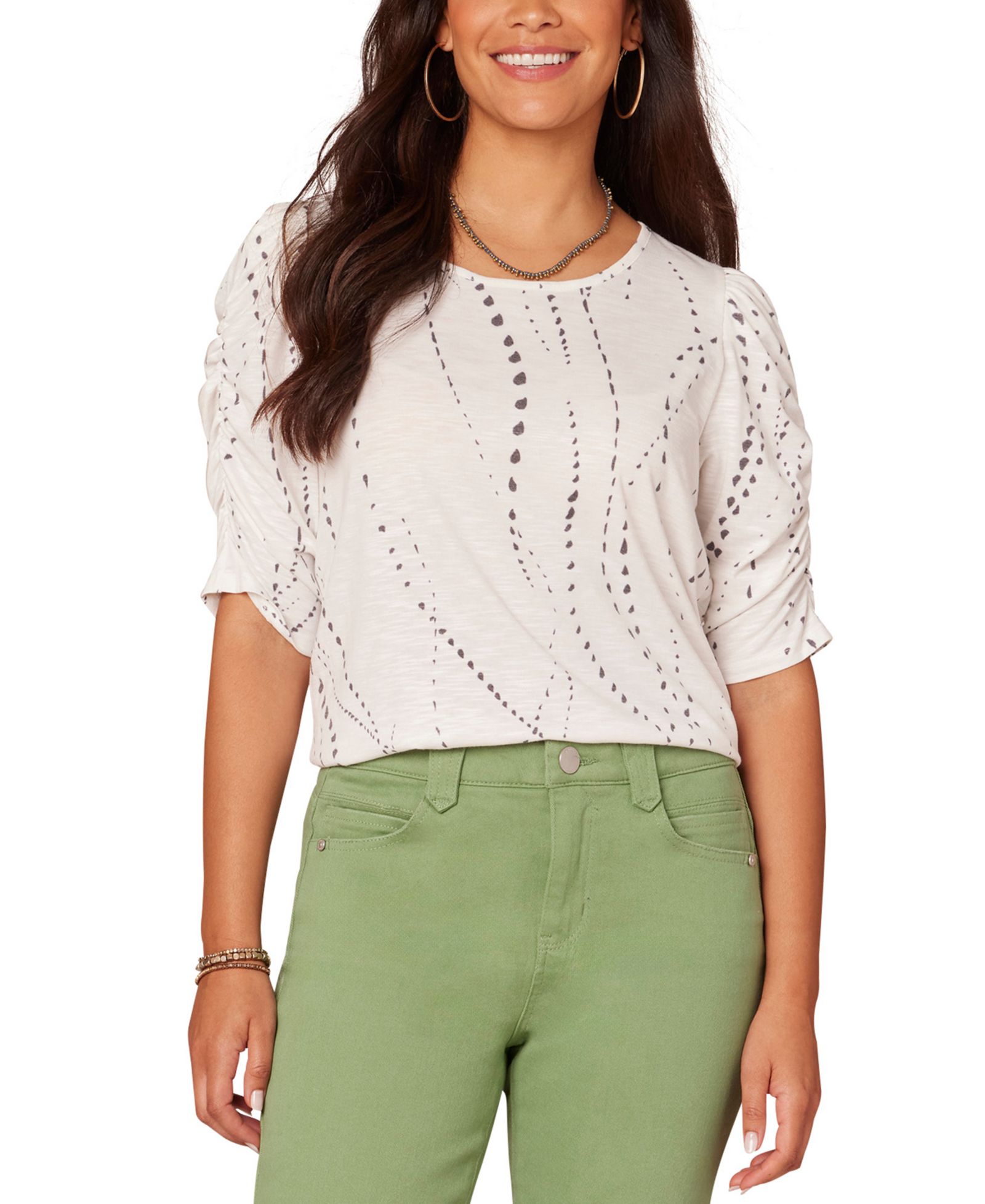 Democracy Petite Printed Ruched-Sleeve Scoop-Neck Top